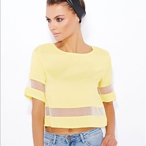 Yellow Short Sleeve Mesh Panel Crop Top
